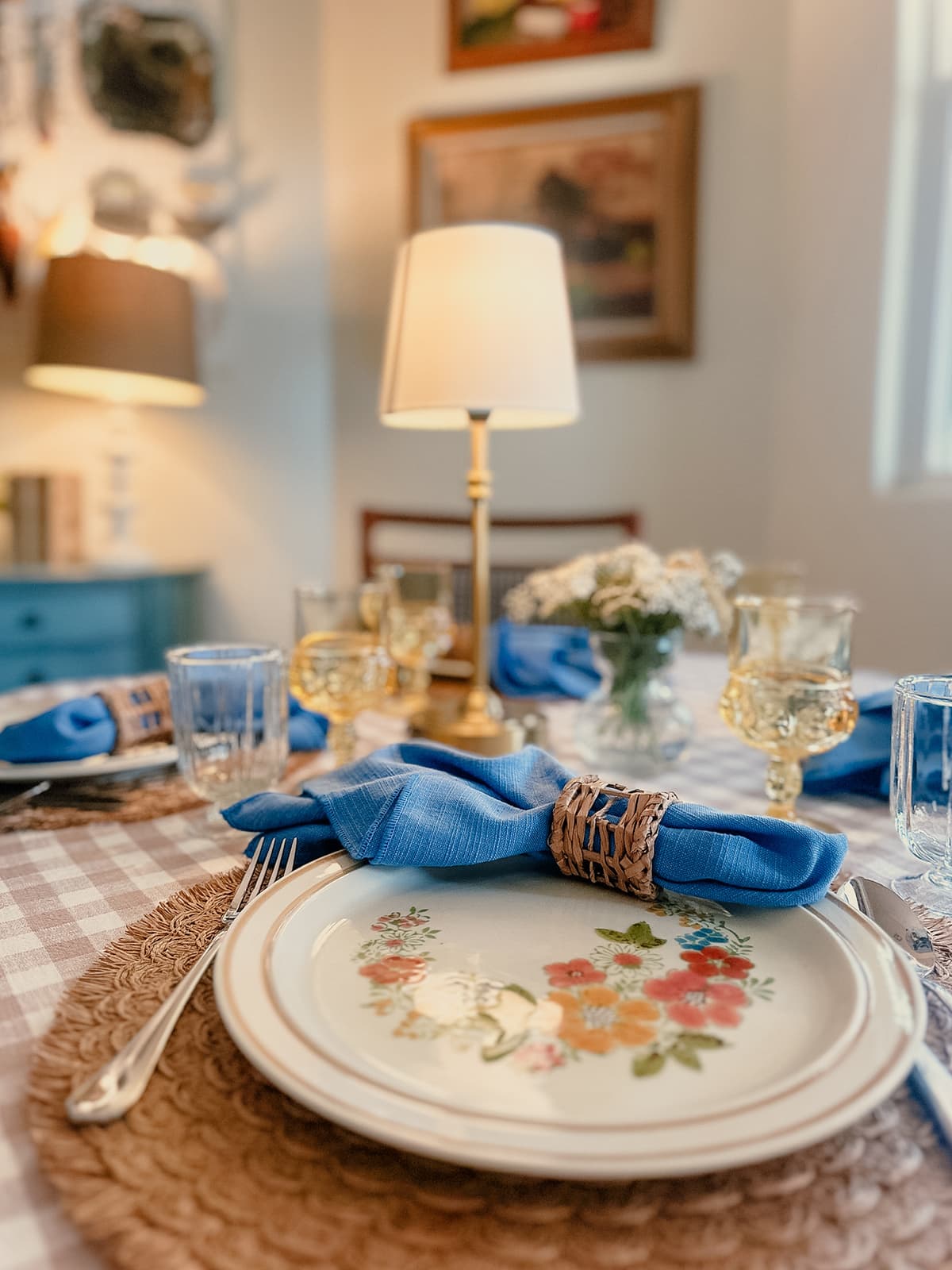Cozy indoor table setting with vintage tableware and warm decor for intimate gathering in Bakersfield
